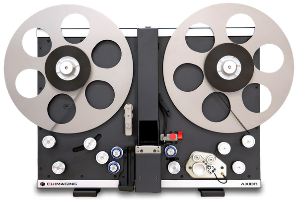 Axion film scanner, with film winding from the left spool to the right spool