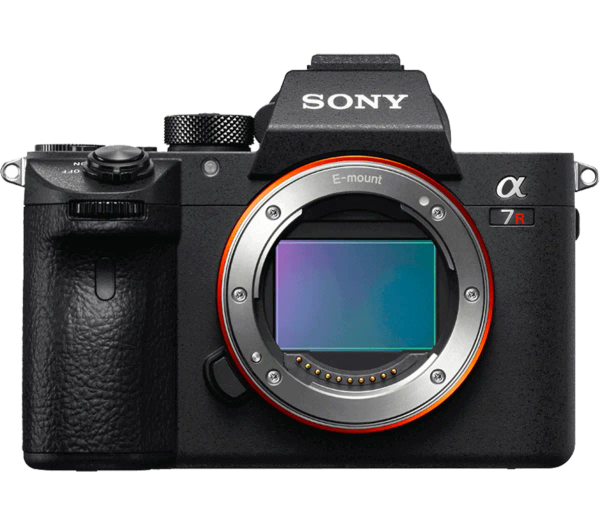 The front face of a Sony A7R IV camera with the lens removed, exposing the inner full-frame sensor.